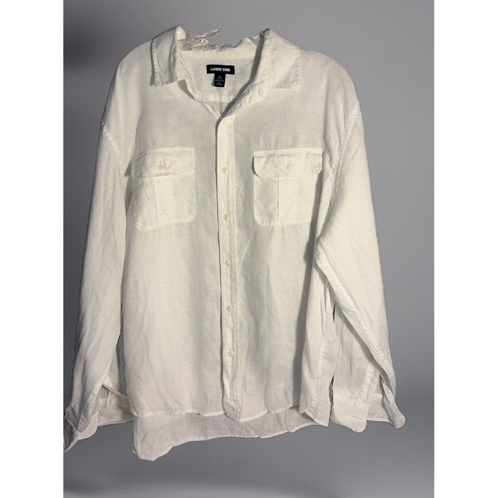 Men's Land's End White Long Sleeve Linen Shirt Vacation Coastal Resort